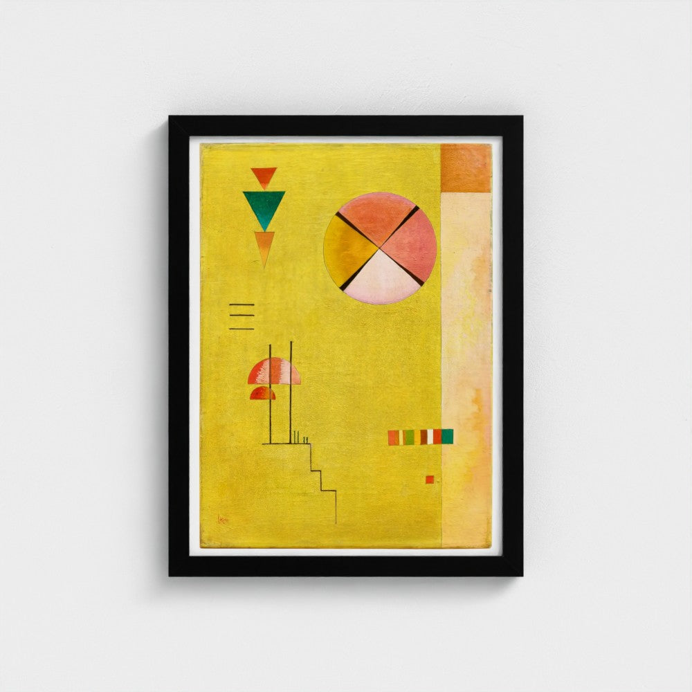 Framed abstract art print with geometric shapes on a yellow background