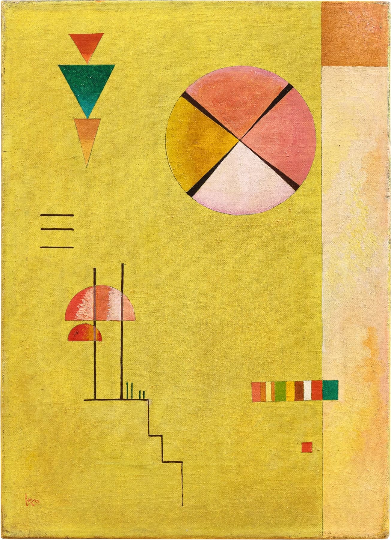 Abstract art piece with geometric shapes on a yellow background