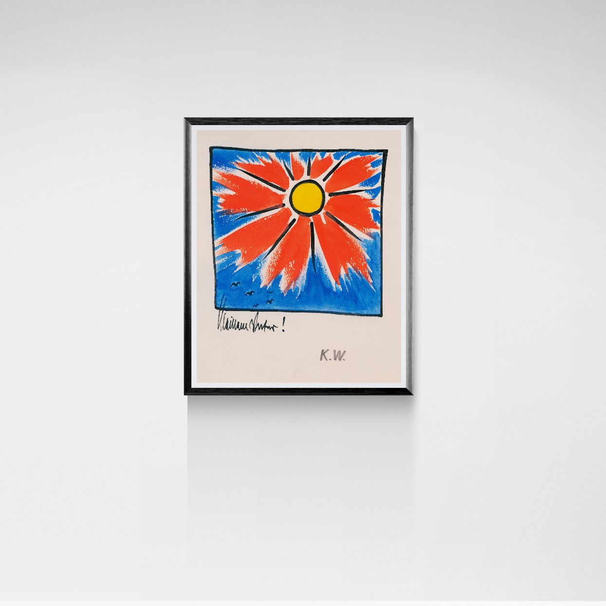 Framed artwork of a sun with a yellow center on a blue background, signed K.W.