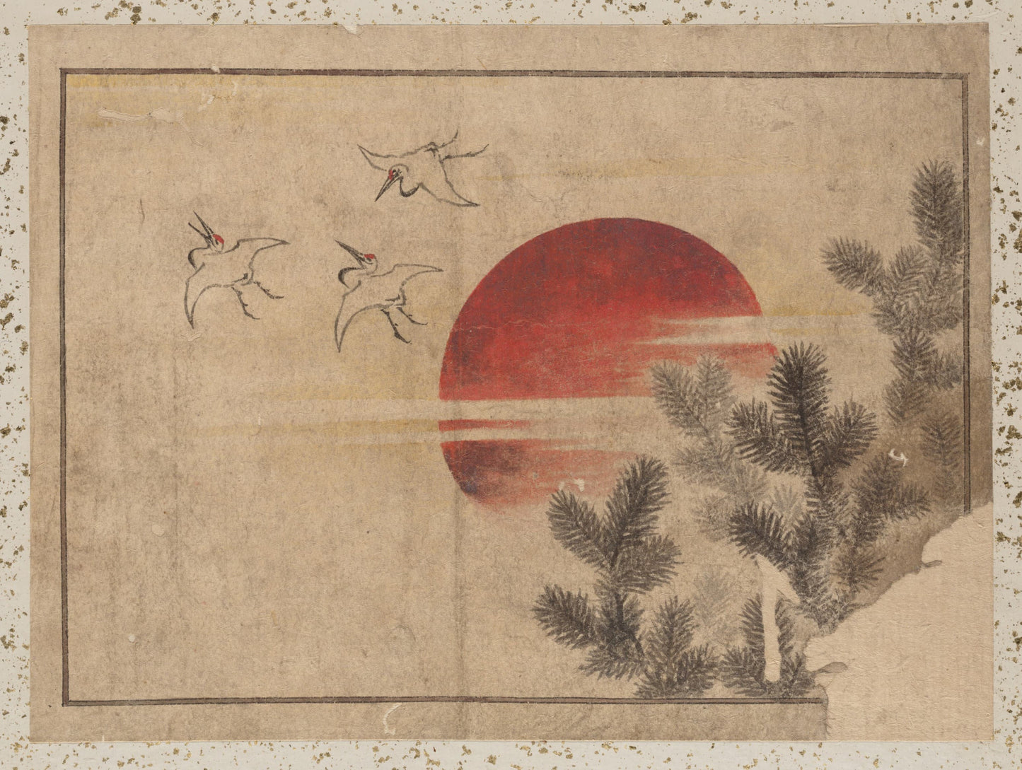 Traditional Japanese artwork with red sun, pine trees, and birds on a textured beige background