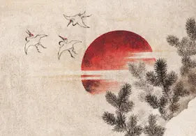 High quality Giclée reproduction of Katsushika Hokusai's 1800s Ukiyo-e woodblock print, showing stylized cranes flying across a red sun and pine boughs.