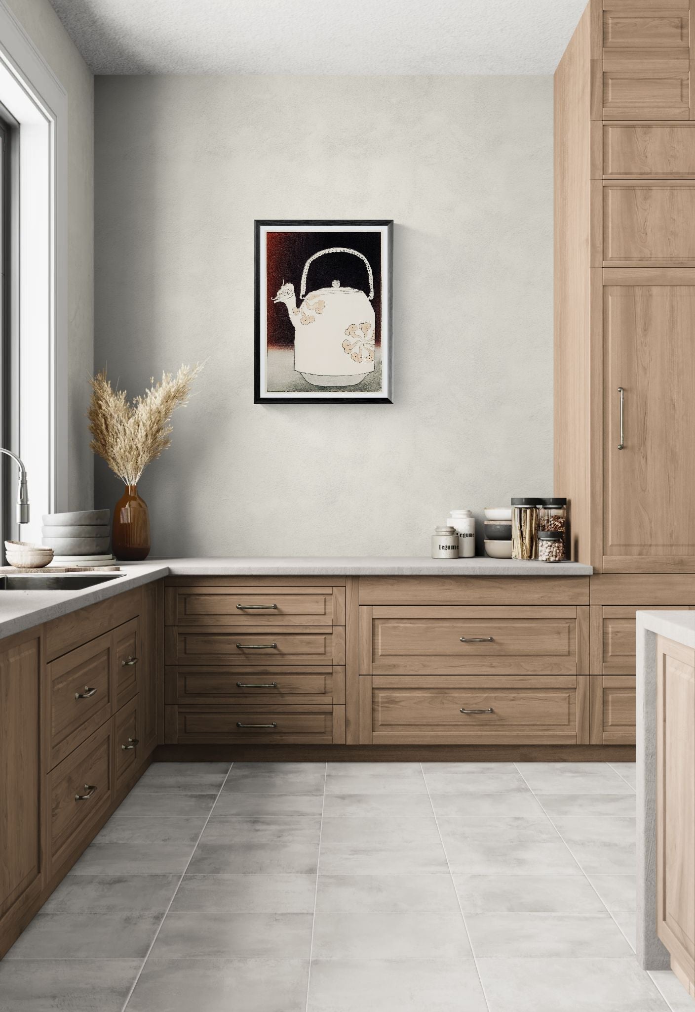 Modern kitchen with wooden cabinets, a teapot painting on the wall, and decorative items.