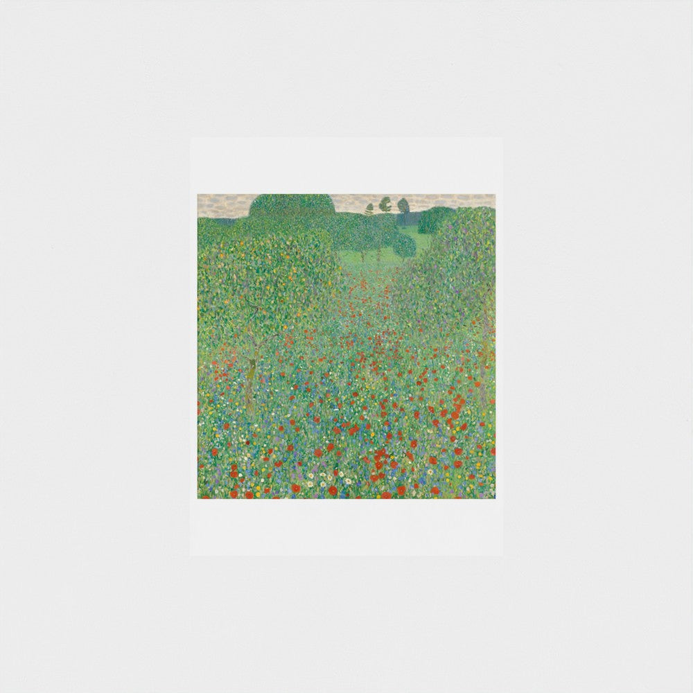 Famous painting of a landscape with flowers and trees on a light gray background