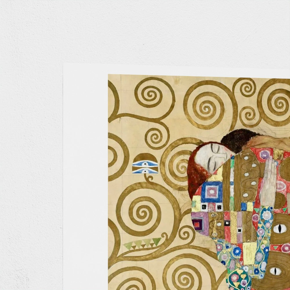 Artistic depiction of two figures embracing with a decorative pattern in the background