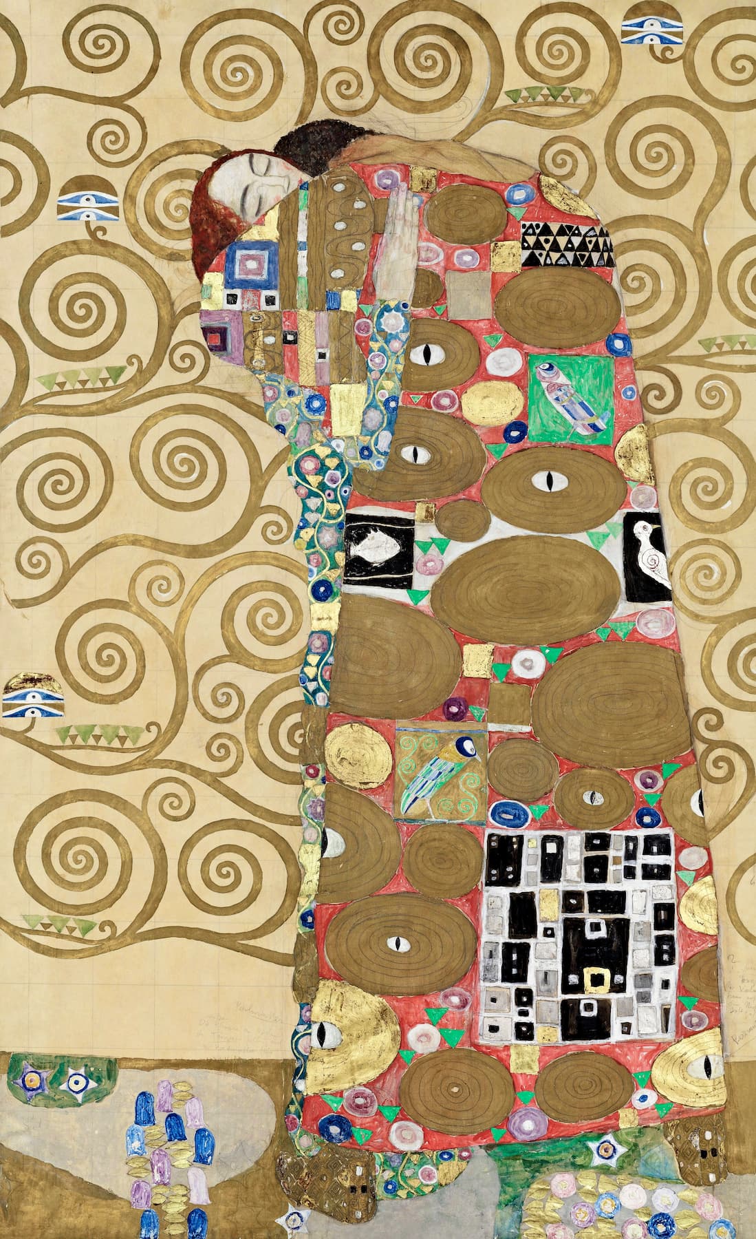Artistic depiction of a woman with decorative patterns and swirls in the background