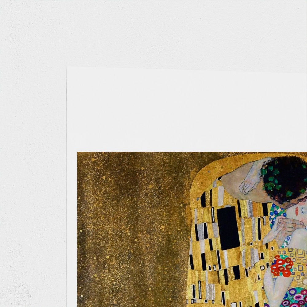 Close-up of a painting with a focus on a gold background and a couple embracing.