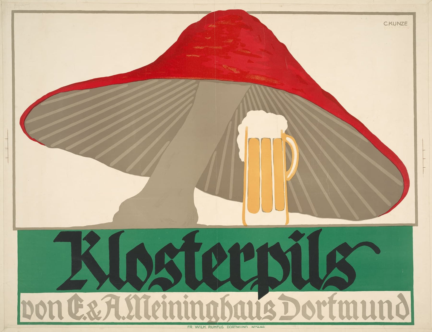 Vintage Klosterpils beer advertisement with a large mushroom and a mug of beer.