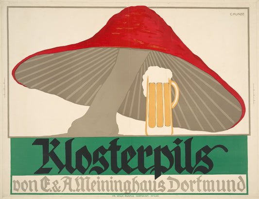 Vintage Klosterpils beer advertisement with a large mushroom and a mug of beer.