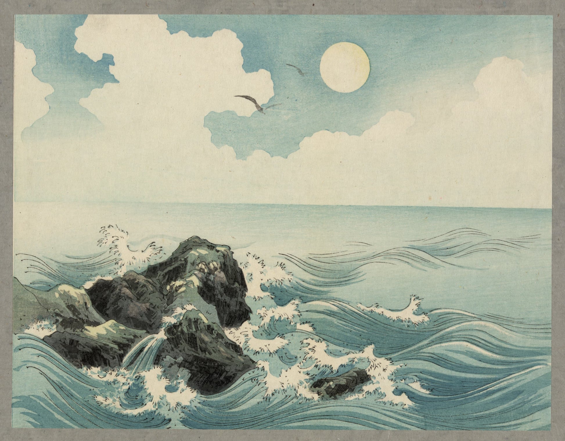 Vintage-style illustration of a seascape with waves, rocks, and a moonlit sky.