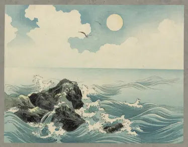 Woodblock print of a seascape with rocks, waves, and a moonlit sky.