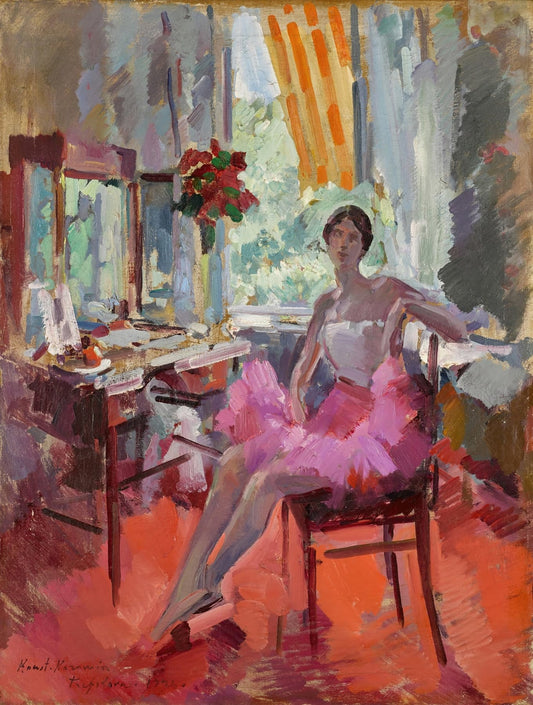 High-quality Giclée reproduction of Konstantin Korovin's oil painting, showing a ballerina in a pink tutu sitting by a dressing table and window, vintage 1920s Russian Impressionist art.