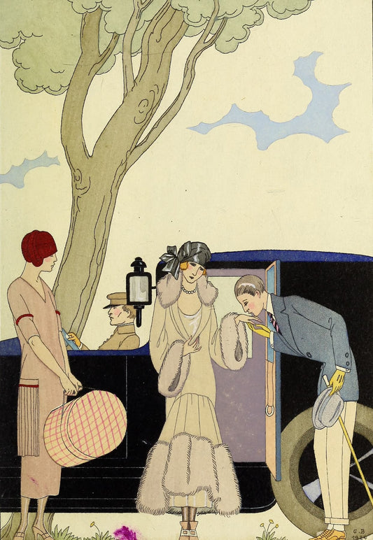 Art deco illustration of a woman getting into a car with a man, under a tree.