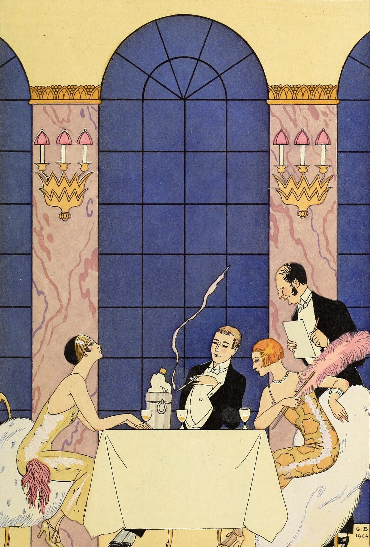 Art Deco-style illustration of a man and woman at a table with a blue stained glass window in the background.