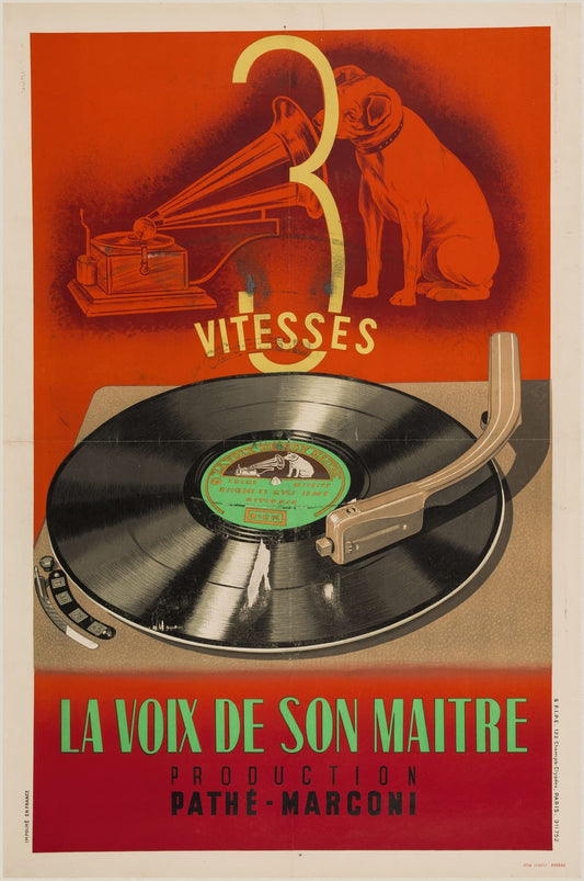Vintage-style advertisement for an HMV record player with a dog and gramophone illustration on an orange background.