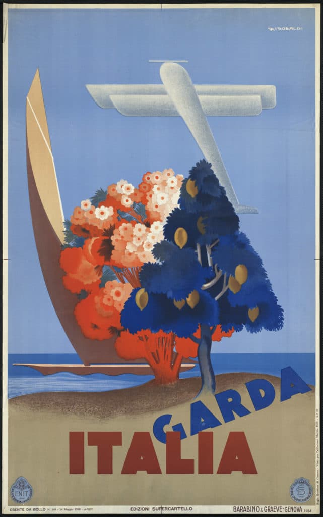 High-quality Giclée reproduction of the 1932 Lake Garda poster, showing a stylized lake scene with orange citrus trees, large flowers, a boat, and a seaplane in the Art Deco style.
