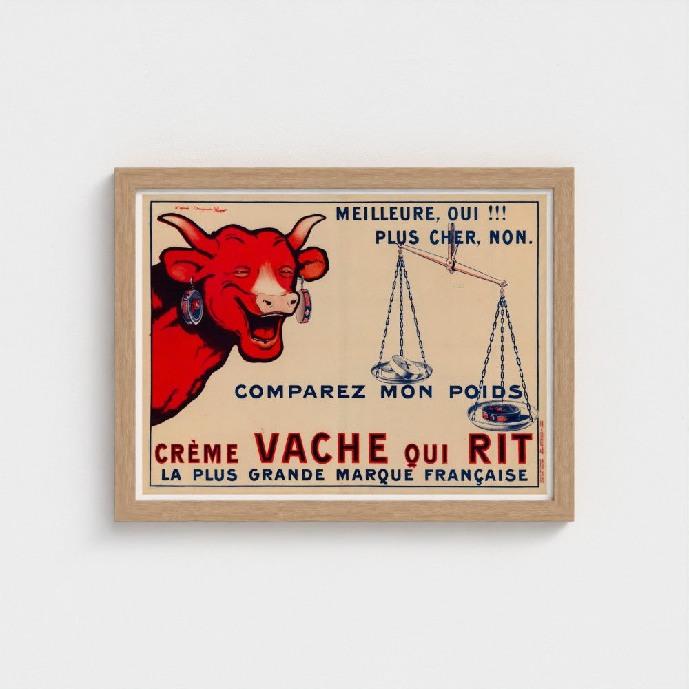Vintage-style advertisement poster with a red cow and text on a beige background