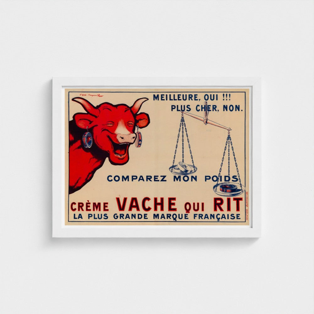 Vintage-style advertisement poster with a red cow and text on a beige background