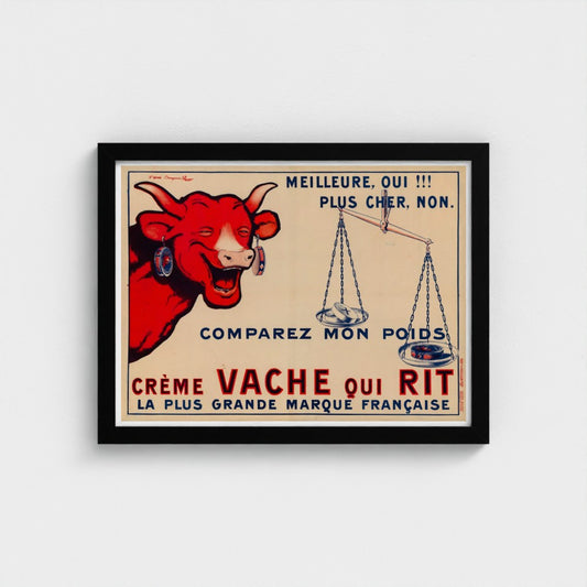 Vintage-style advertisement poster with a red cow and scales on a beige background.