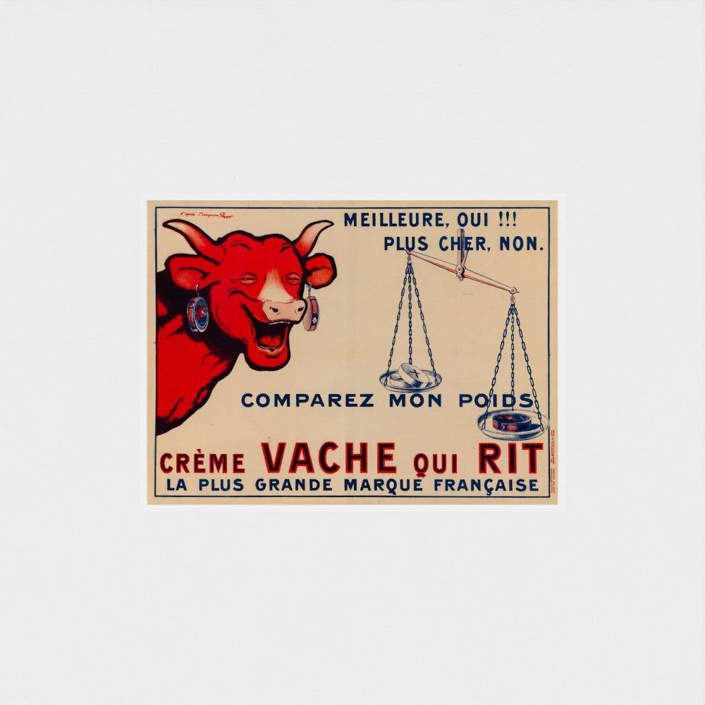 Vintage-style advertisement with a red cow and scales on a beige background