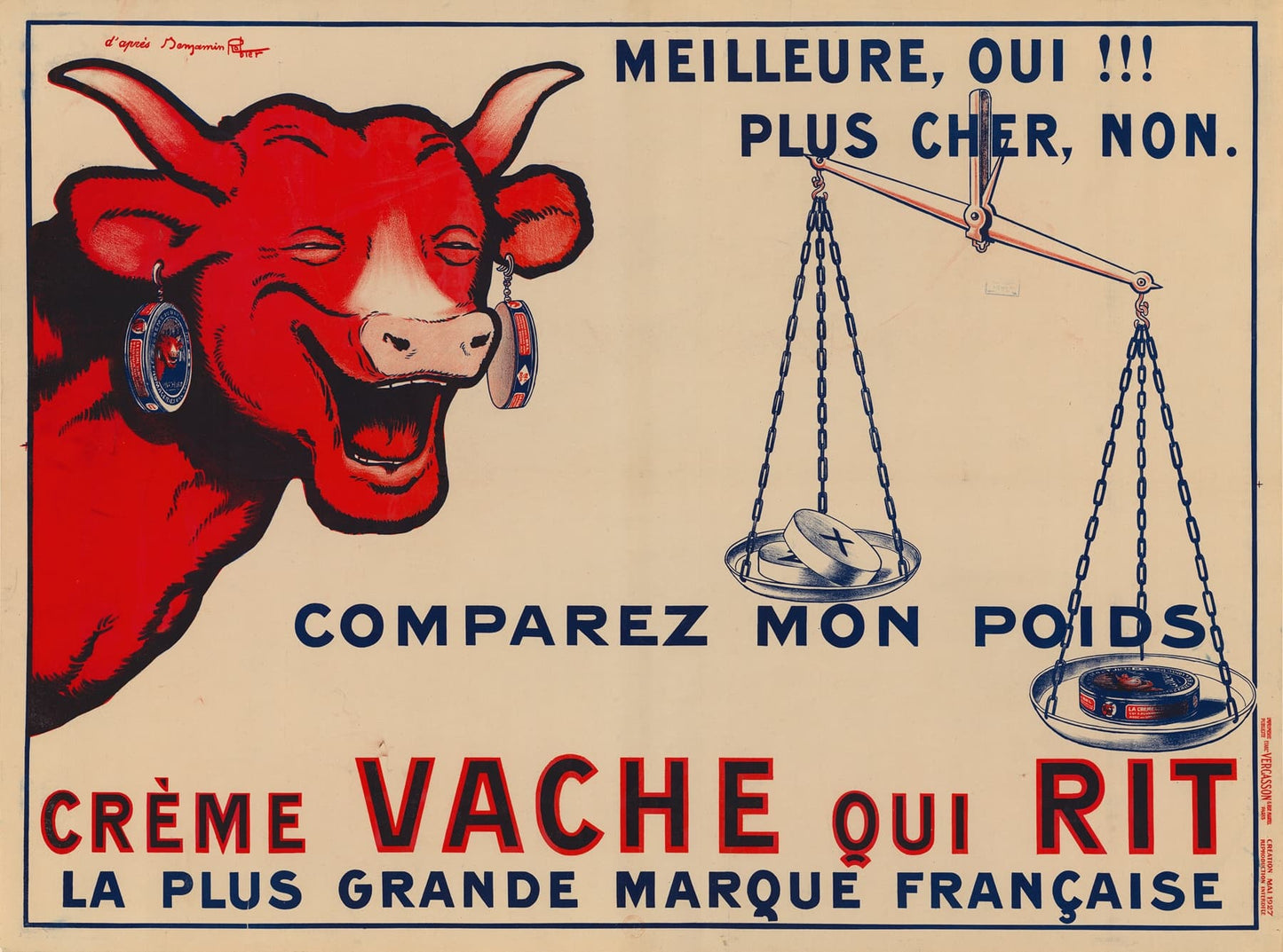 Vintage advertisement for 'Crème Vache qui Rit' with a red cow and scales on a beige background.