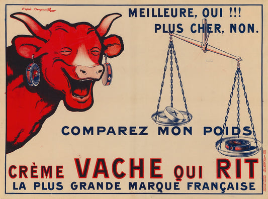 Vintage advertisement for 'Crème Vache qui Rit' with a red cow and scales on a beige background.