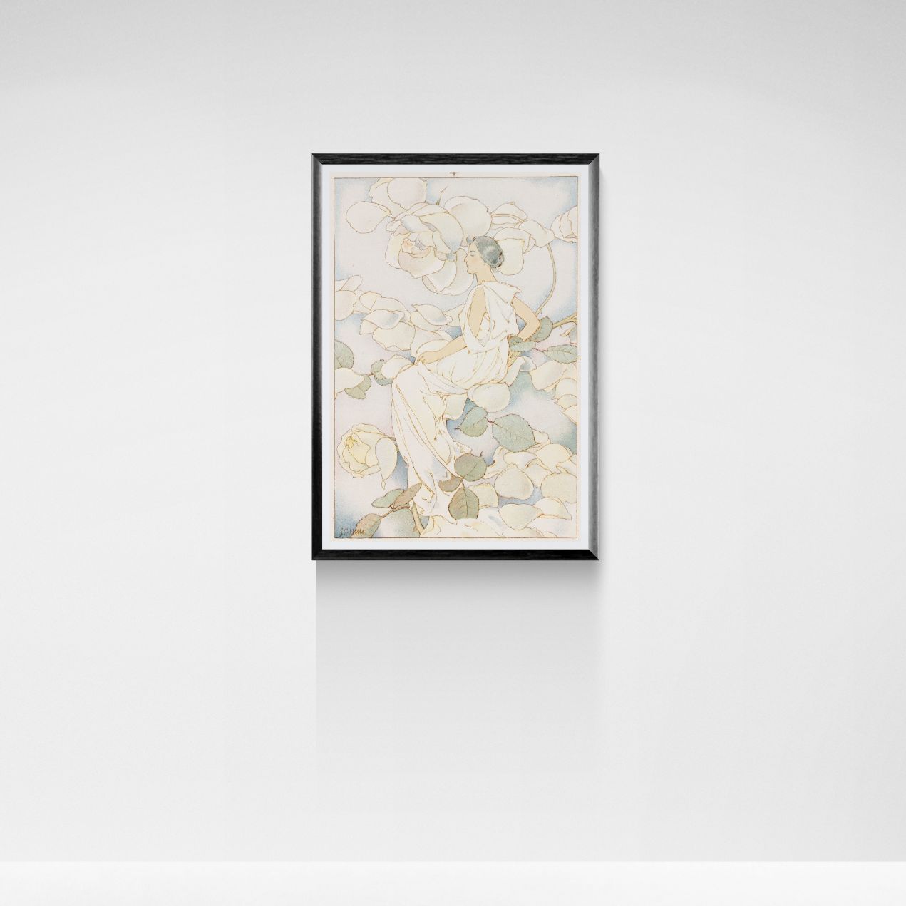 Framed artwork of a woman sitting among flowers on a white wall