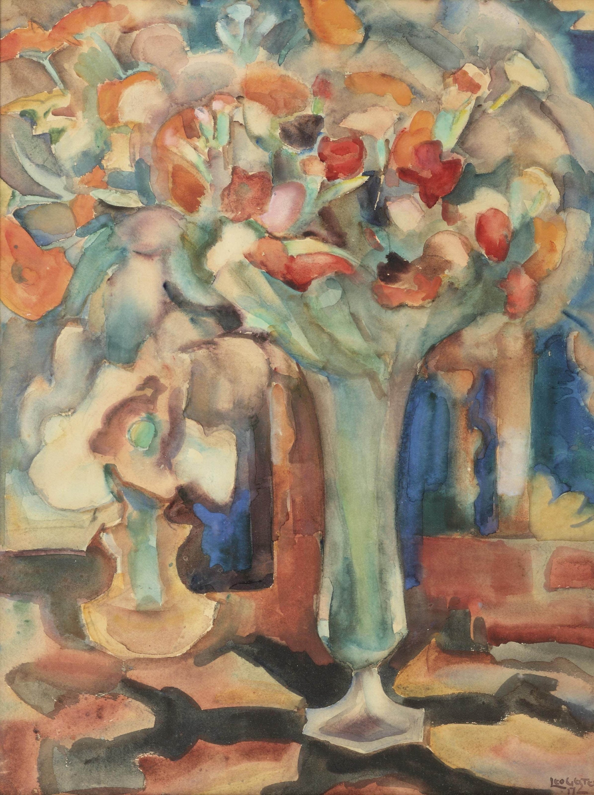 Colorful floral arrangement in a vase on a table with abstract background
