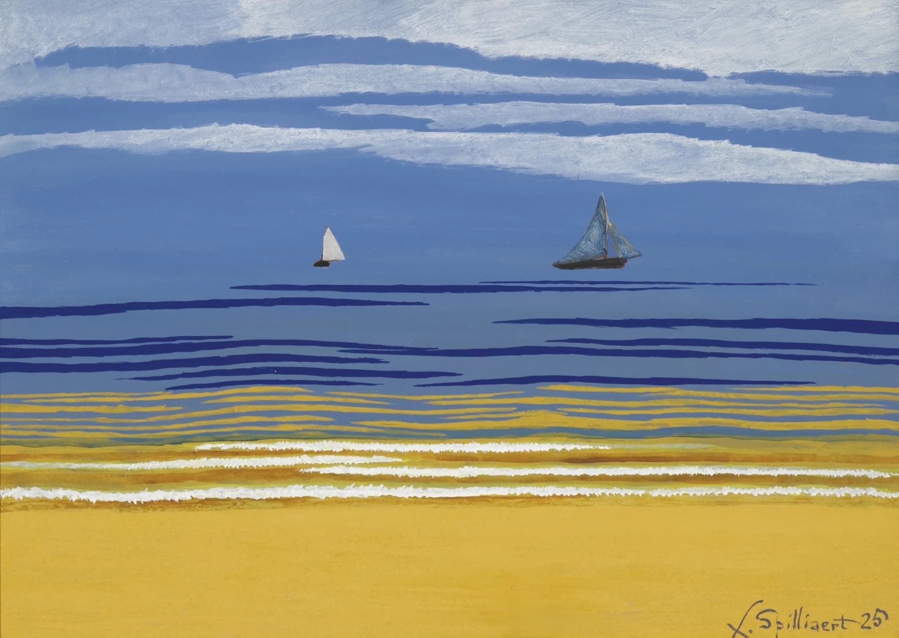 High quality Giclée reproduction of Léon Spilliaert's 1925 painting "Sea with Sailboats," modernist Belgian seascape with yellow beach and strong blue sky.