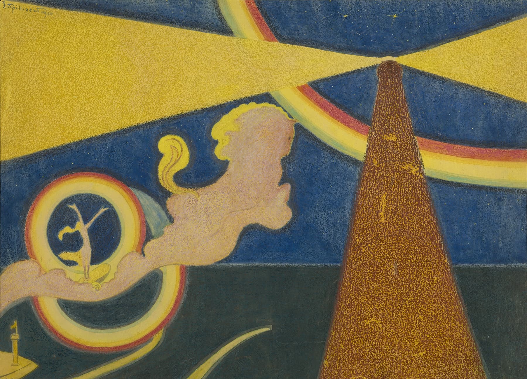 High quality Giclée reproduction of Léon Spilliaert's 1910 Symbolist painting "The Lighthouse," featuring yellow light beams, rainbows, and a small dancing figure against a dark blue sky.