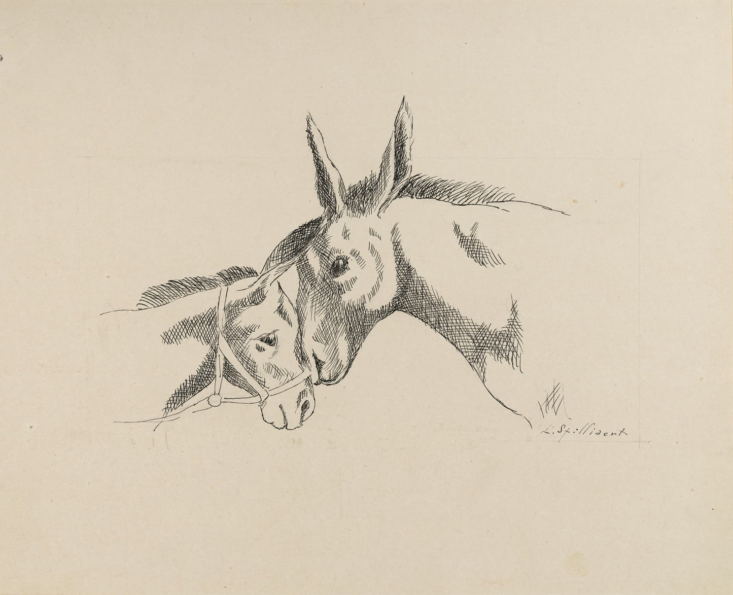 Museum-quality Giclée reproduction of Léon Spilliaert's 1930s Symbolist Donkey drawing, featuring a minimalist, monochromatic sketch of two donkeys' heads nestled together. Ideal for Expressionist or thoughtful modern decor.