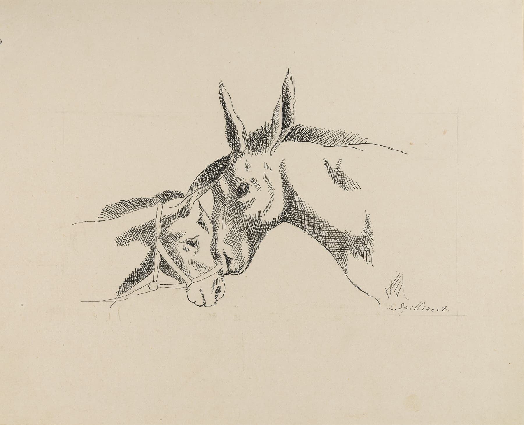 Museum-quality Giclée reproduction of Léon Spilliaert's 1930s Symbolist Donkey drawing, featuring a minimalist, monochromatic sketch of two donkeys' heads nestled together. Ideal for Expressionist or thoughtful modern decor.