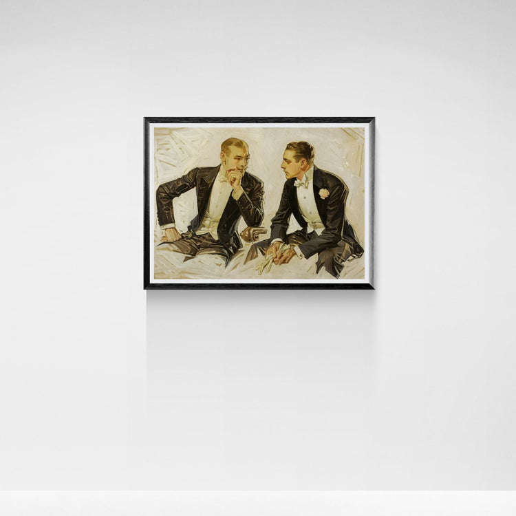 Framed artwork of two men in formal attire on a white wall