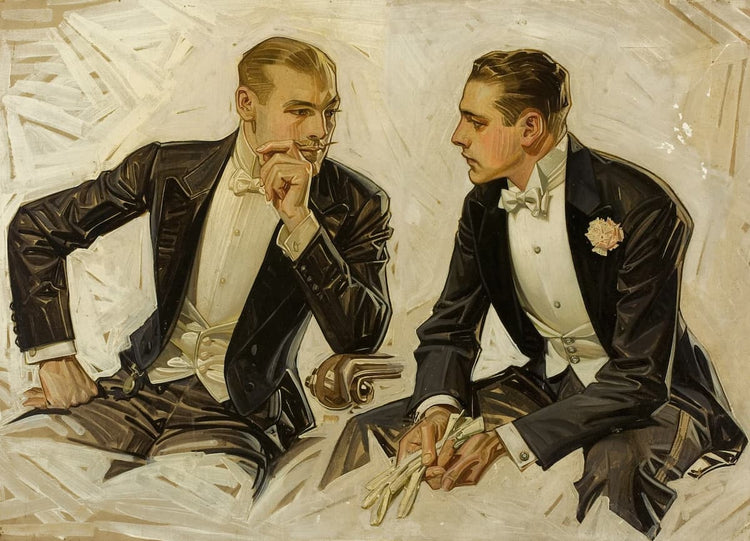 Vintage illustration of two young men in formal black tuxedos with white shirts and bow ties, seated against a light cream background with painted brushstrokes.
