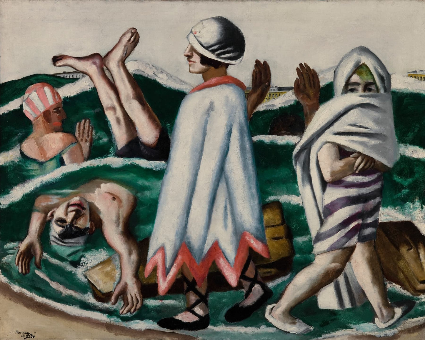 Artistic depiction of people in a pool with one person partially submerged, wearing a white towel.