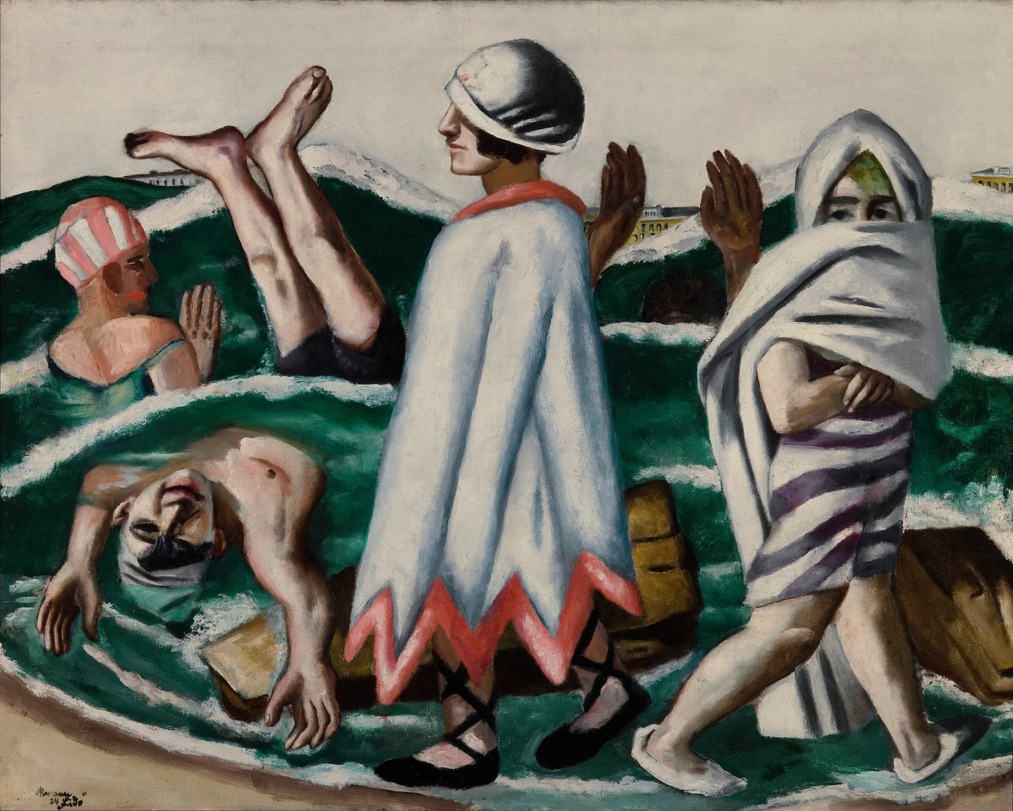 Artistic depiction of people in a pool with one person diving in, wearing a towel and swim cap.