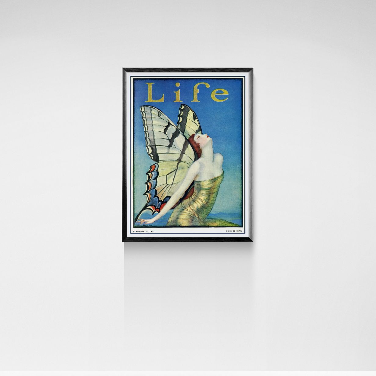 Framed artwork with a butterfly and woman design on a blue background, featuring the word 'Life'.