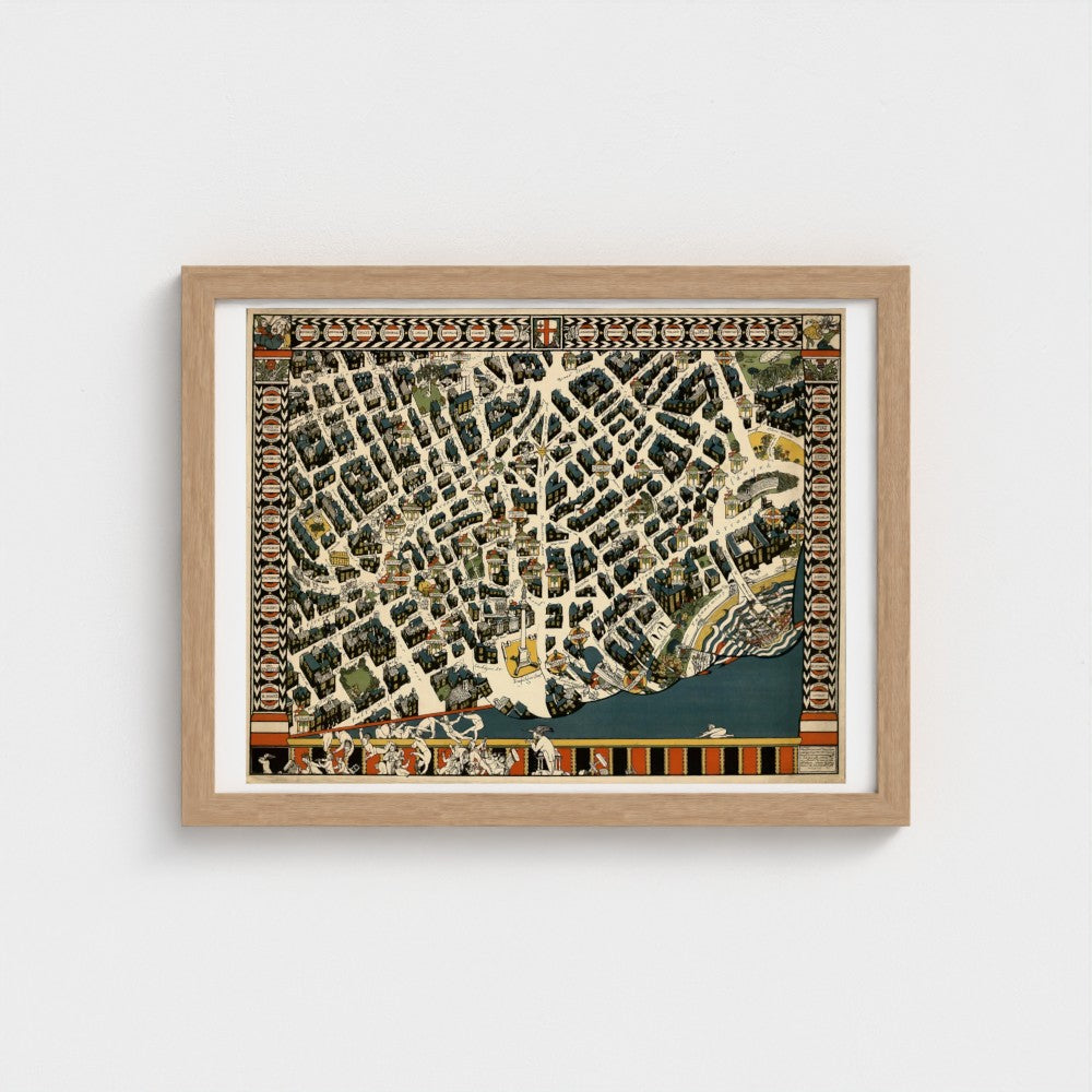 Framed map art piece on a white wall