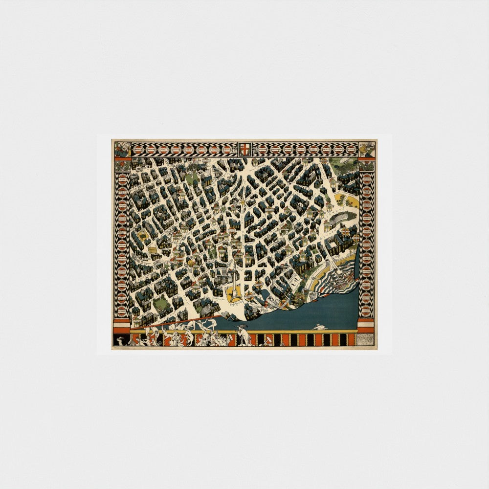 Vintage-style map of a city with decorative border on a light gray background