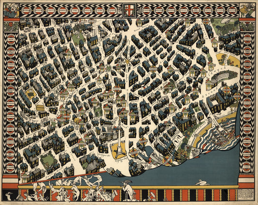 Vintage-style map of a city with decorative border