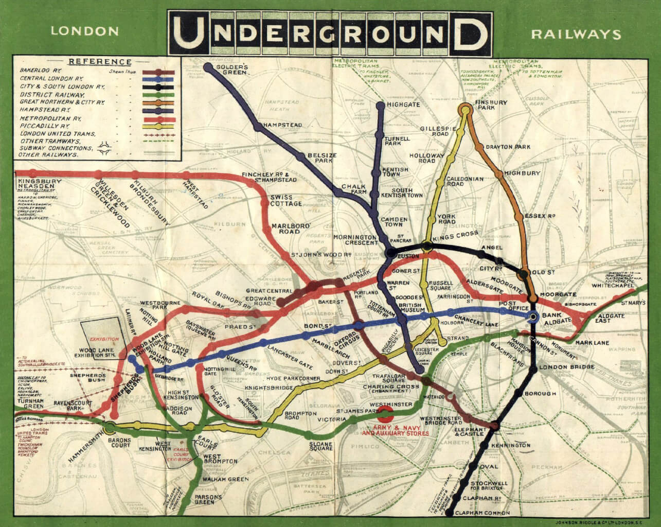 Vintage map of London Underground Railways with colorful lines on a green border.