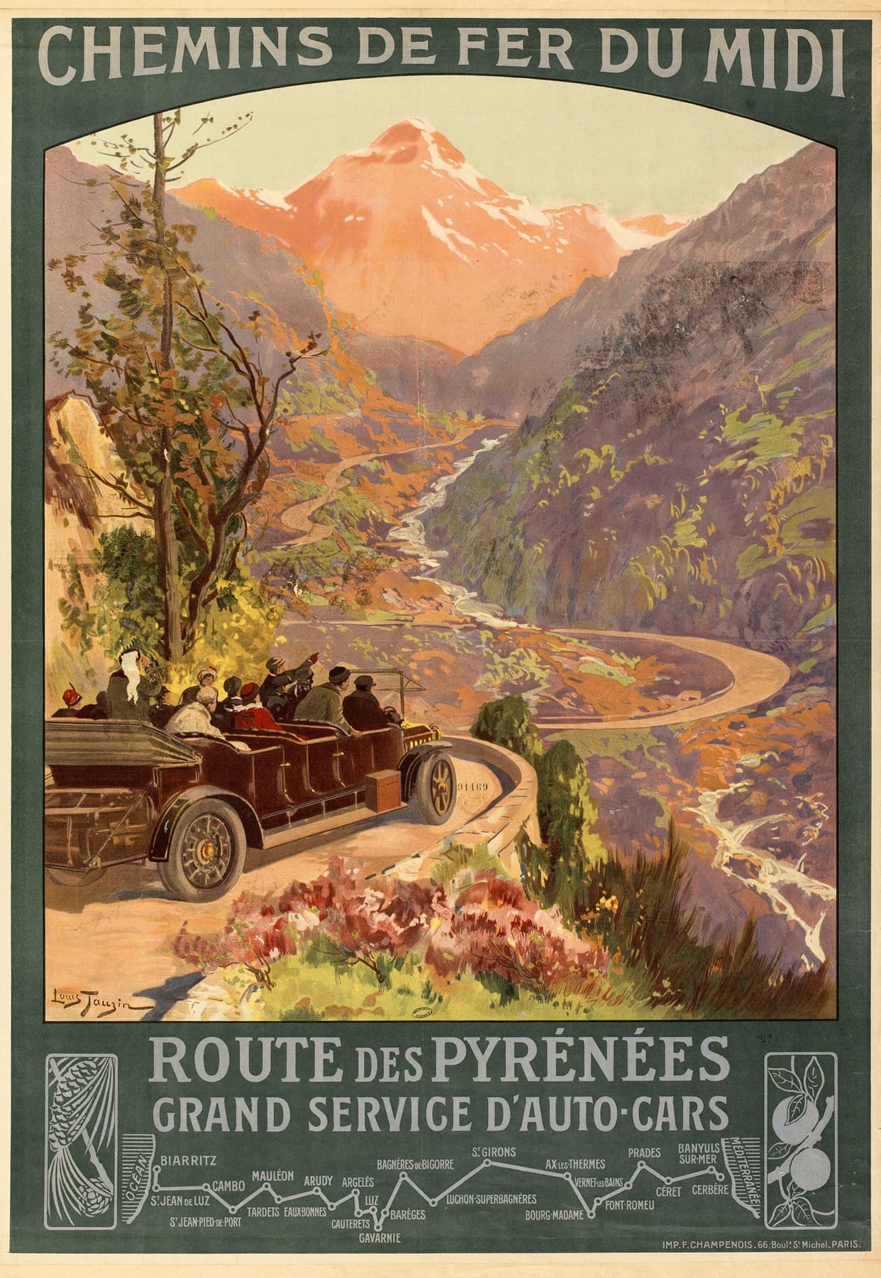 High-quality Giclée reproduction of Louis Tauzin's 1910 Pyrenees travel poster, showing a vintage motor-coach traveling a winding mountain road with snow-capped peaks at sunset, Belle Époque style.