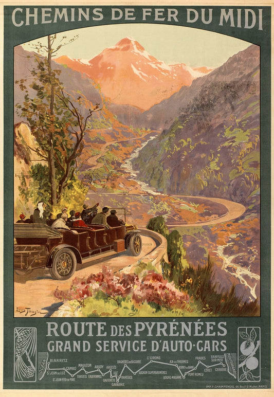High-quality Giclée reproduction of Louis Tauzin's 1910 Pyrenees travel poster, showing a vintage motor-coach traveling a winding mountain road with snow-capped peaks at sunset, Belle Époque style.
