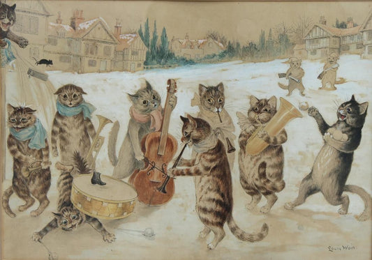 High-quality Giclée reproduction of Louis Wain's "Carol Singing Cats," featuring a band of anthropomorphic felines playing musical instruments in a snowy village scene, vintage 1920s Christmas art.