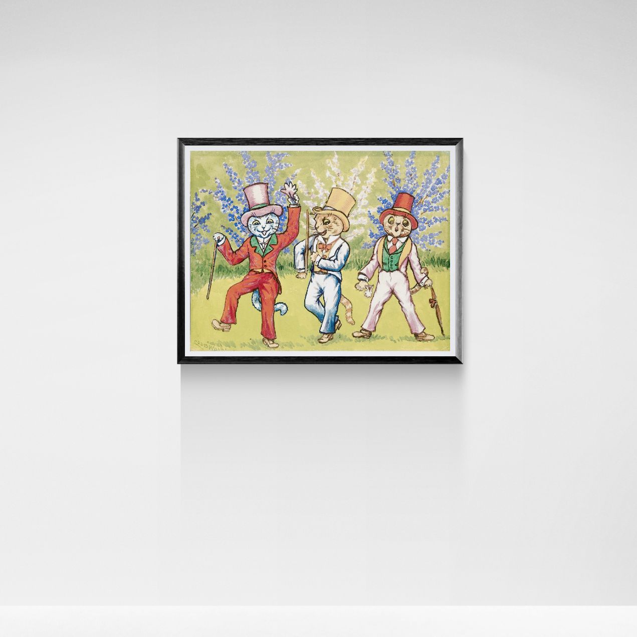 Framed artwork of three animated cat characters with top hats on a light gray background
