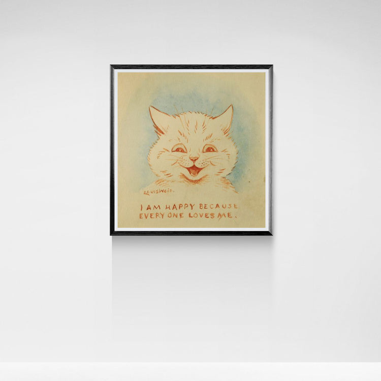 Framed illustration of a cat with text on a white wall