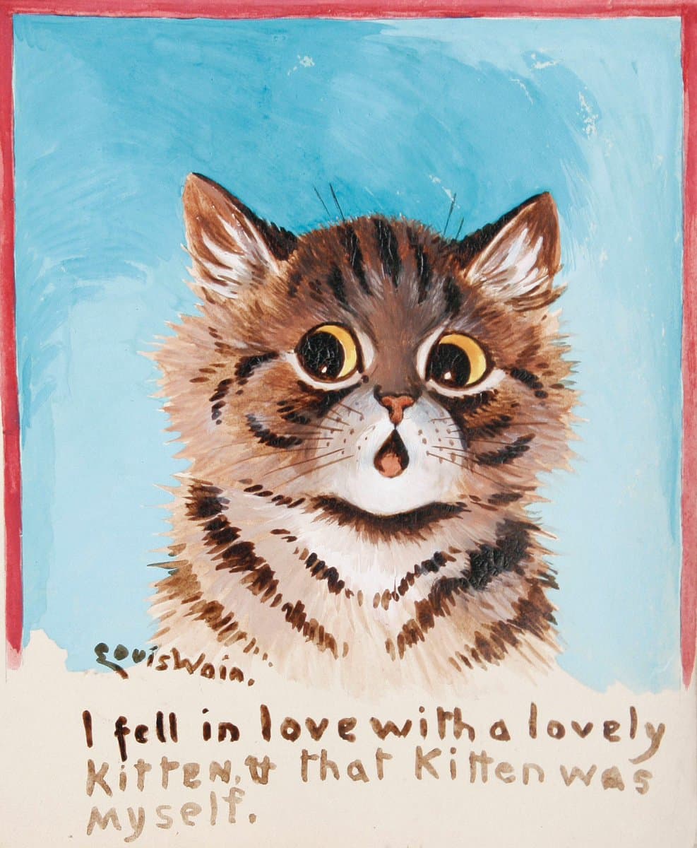 High-quality Giclée reproduction of Louis Wain's "I Fell in Love with a Lovely Kitten," featuring a wide-eyed tabby kitten against a blue background, vintage 1920s art.