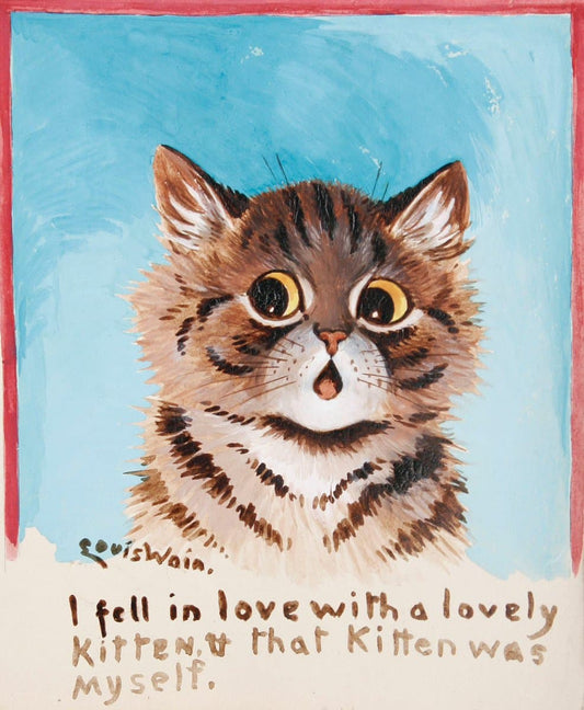 High-quality Giclée reproduction of Louis Wain's "I Fell in Love with a Lovely Kitten," featuring a wide-eyed tabby kitten against a blue background, vintage 1920s art.