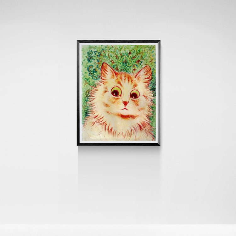 Framed artwork of a cat's face on a white wall