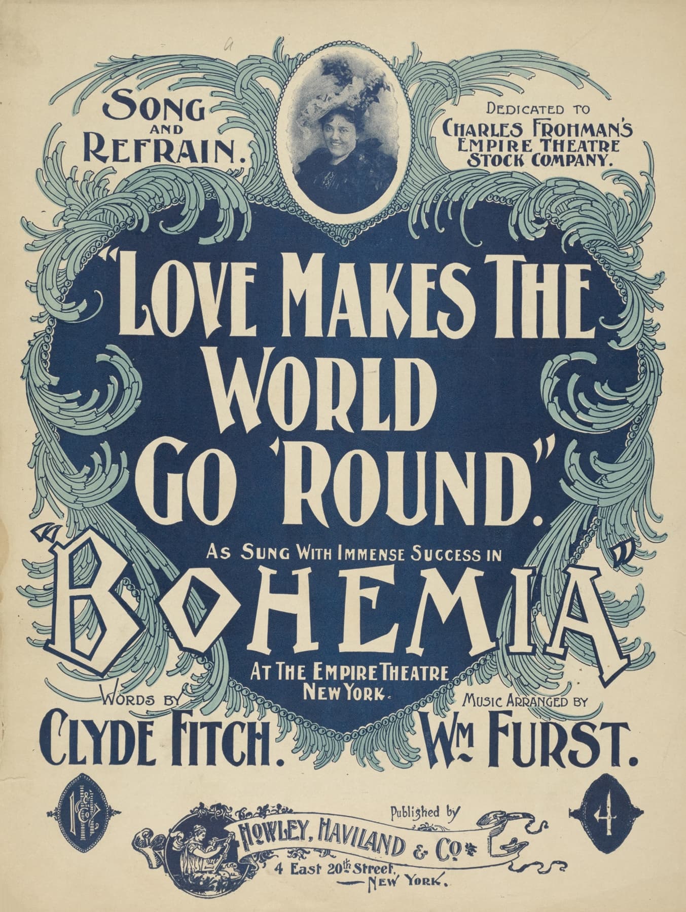 High quality Giclée reproduction of the 1905 "Love Makes The World Go 'Round" sheet music cover, featuring ornate Art Nouveau typography in blue and white.