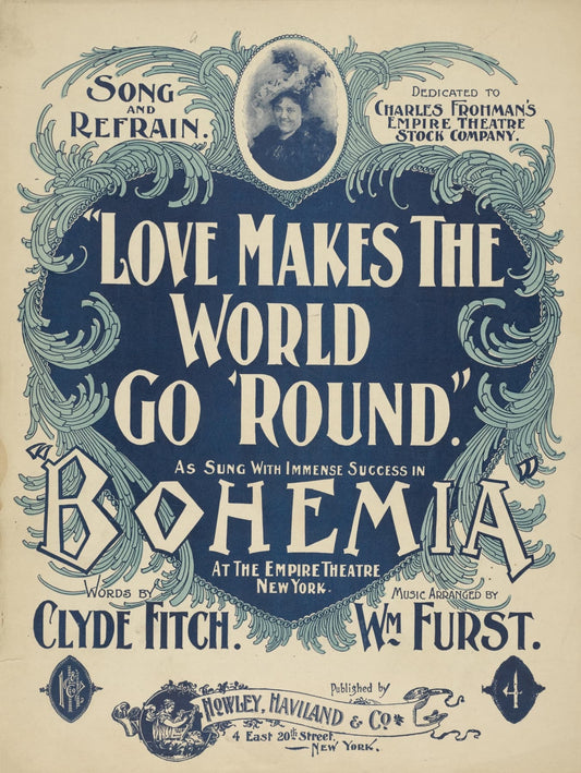 High quality Giclée reproduction of the 1905 "Love Makes The World Go 'Round" sheet music cover, featuring ornate Art Nouveau typography in blue and white.